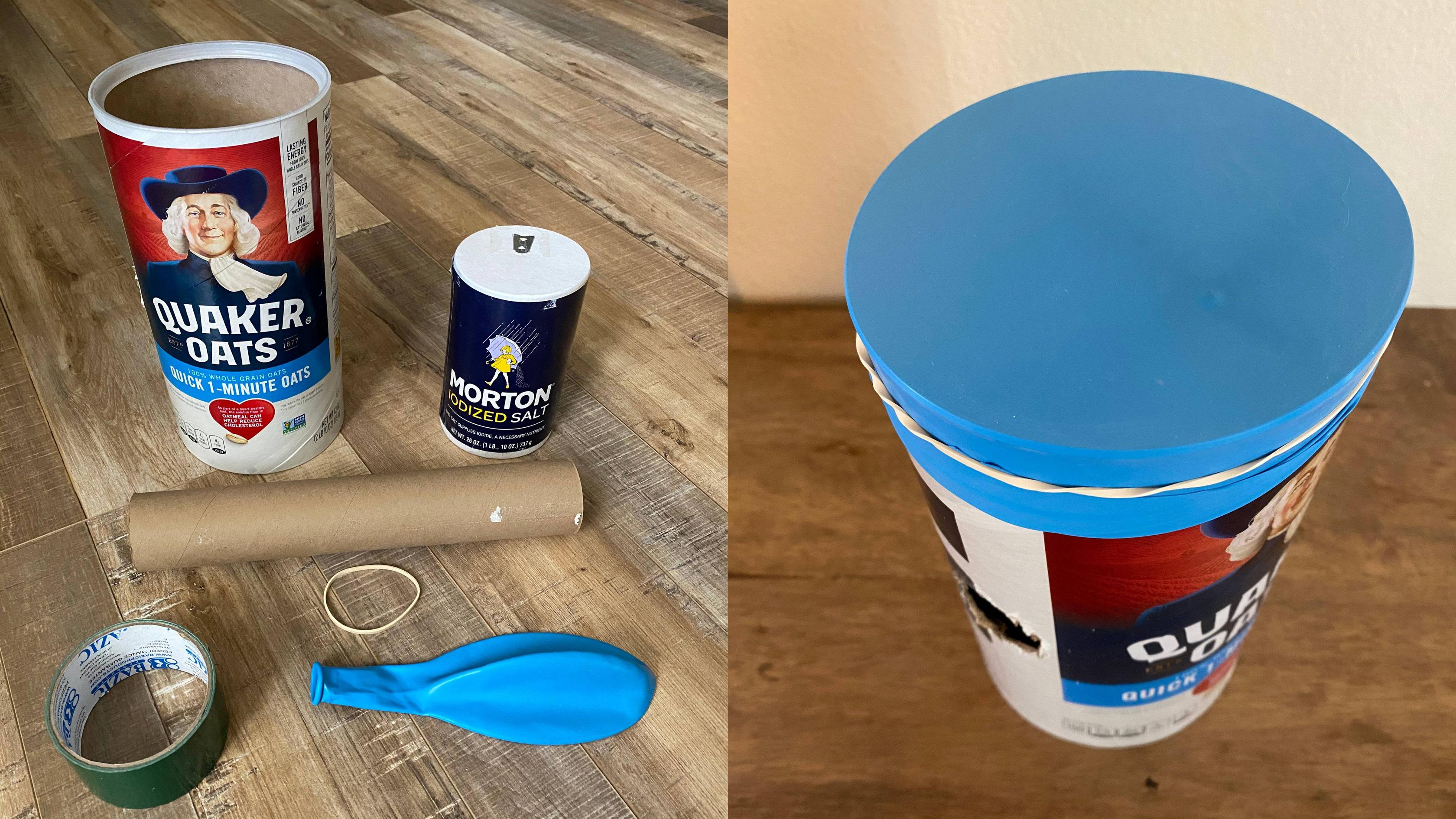 Supplies to make a Chladni plate: oatmeal container, rubber band, balloon, paper towel tube