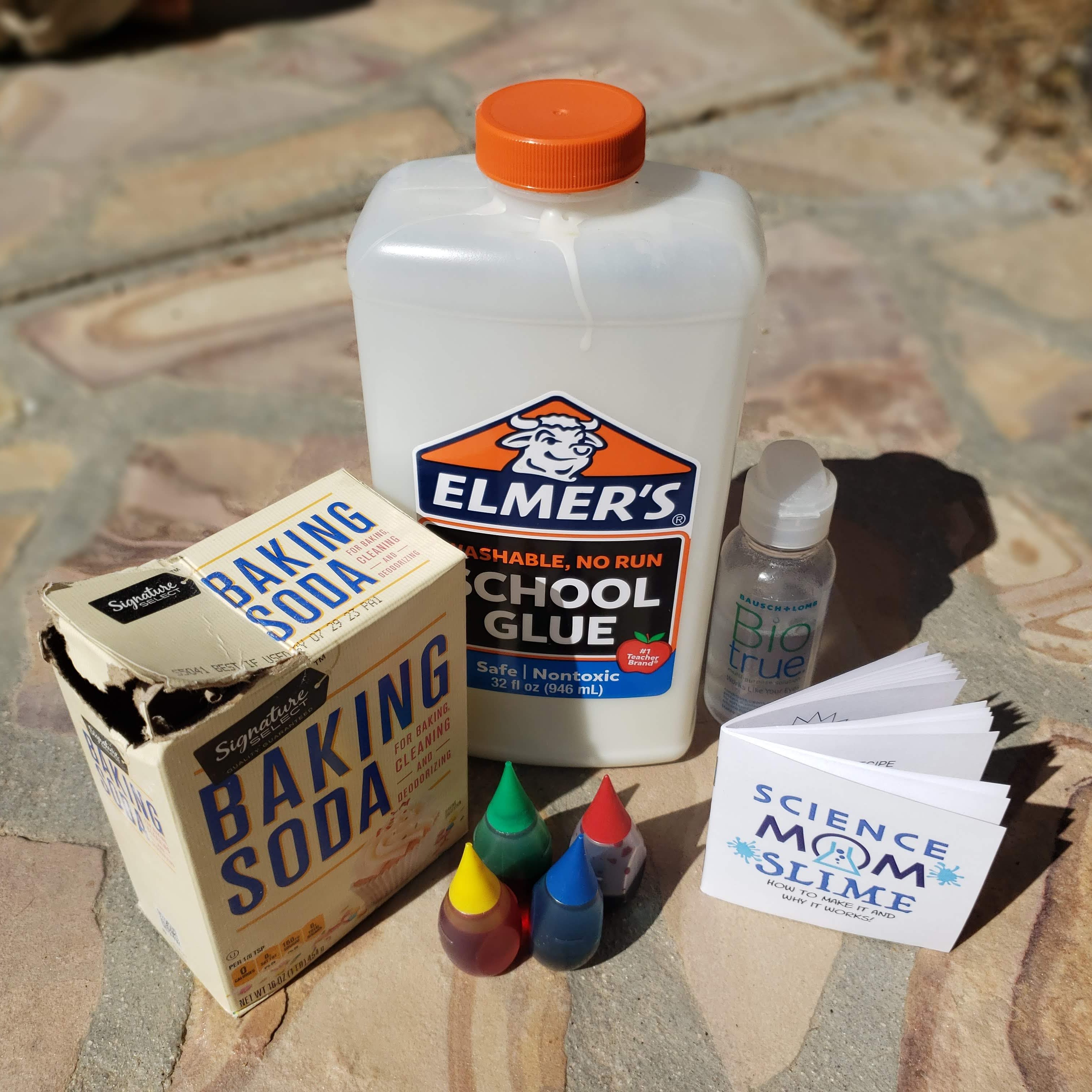 Materials: glue, contact solution, baking soda, food coloring